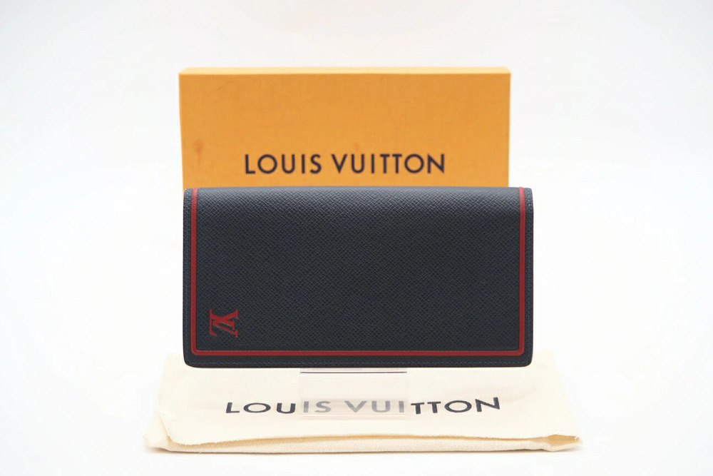 Louis Vuitton Taiga Portefeuille Brazza Long Wallet Blue Red Calf Leather